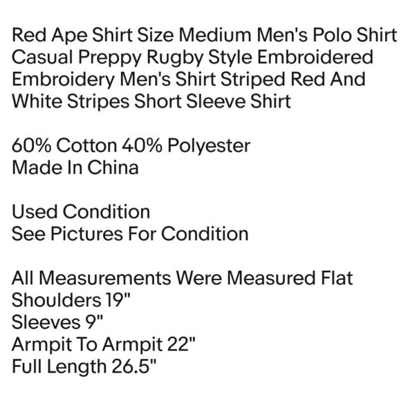 Red Ape Shirt Size Medium Men's Polo Shirt Casual Preppy Rugby Style Embroidered - Picture 2 of 7
